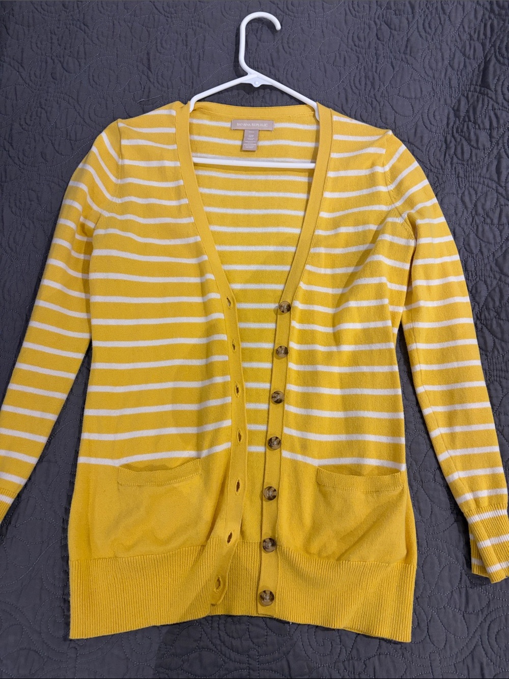 Banana Republic Yellow and White Striped V-Neck Cardigan